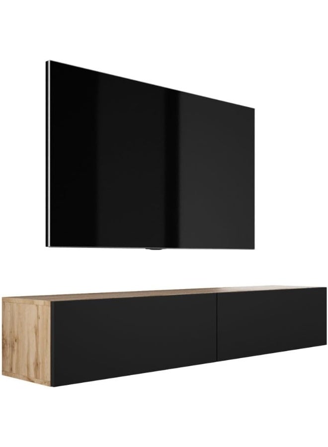 3E 3xE living.com Hanging TV Unit, D: L: 170 cm, H: 34 cm, D: 32 cm. TV Storage, Wall TV Unit, TV Table, TV Stand, WOTAN OAK/Matt Black - Image 1